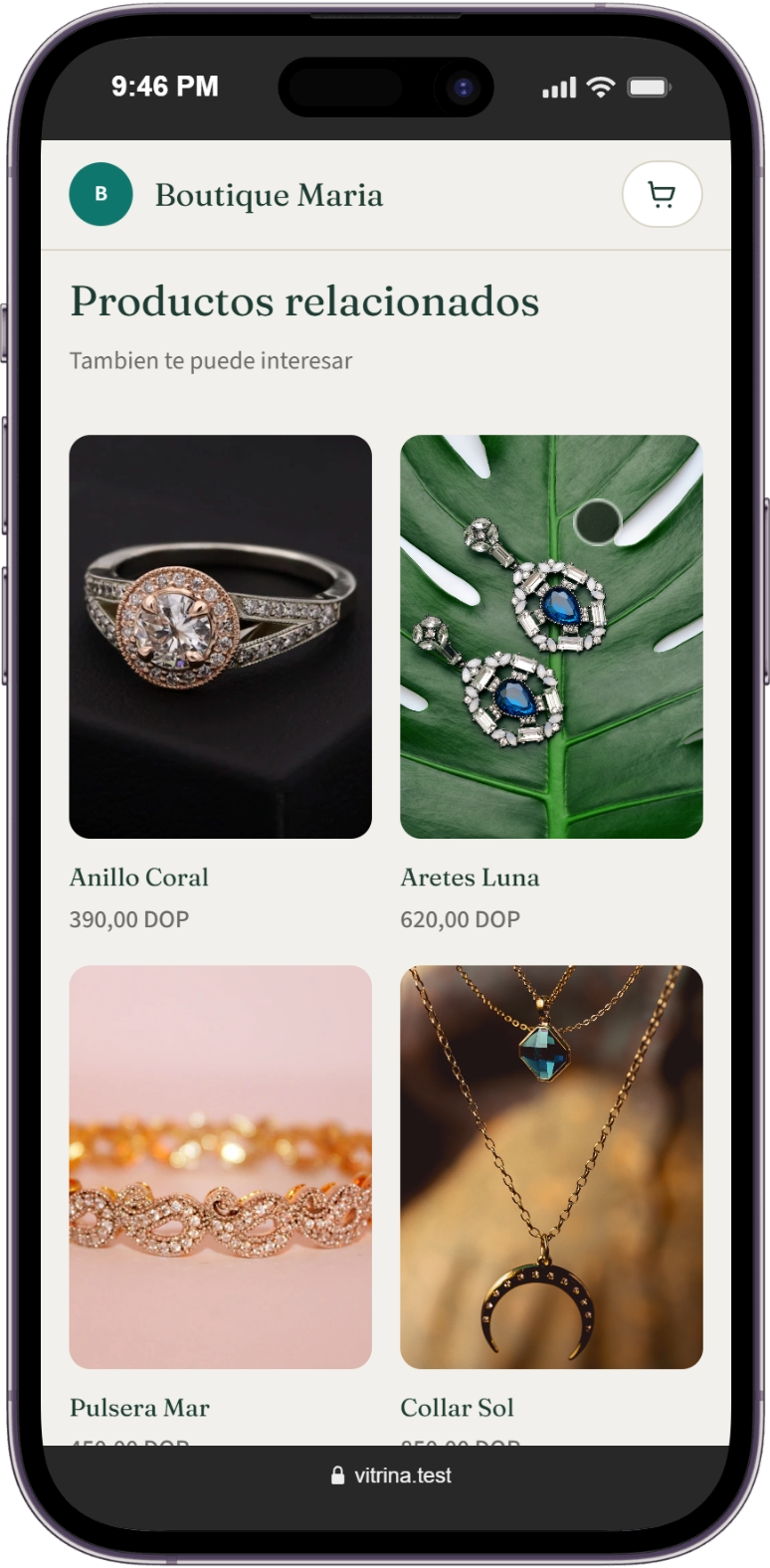 Productos relacionados en iPhone: Anillo Coral, Aretes Luna, Pulsera Mar y Collar Sol
