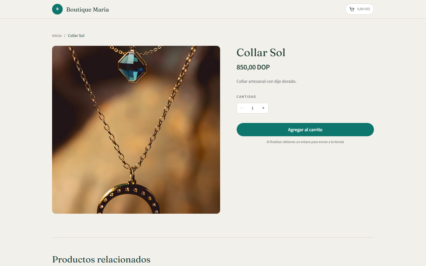 Ficha de producto Collar Sol con precio, cantidad y boton Agregar al carrito