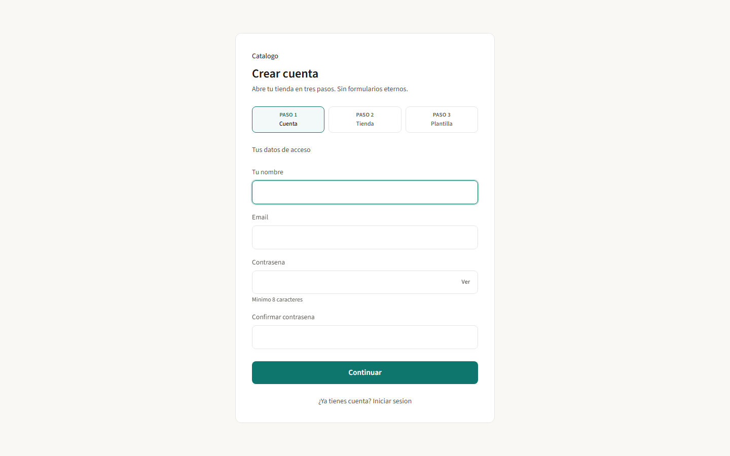 Registro en tres pasos: cuenta, tienda y plantilla