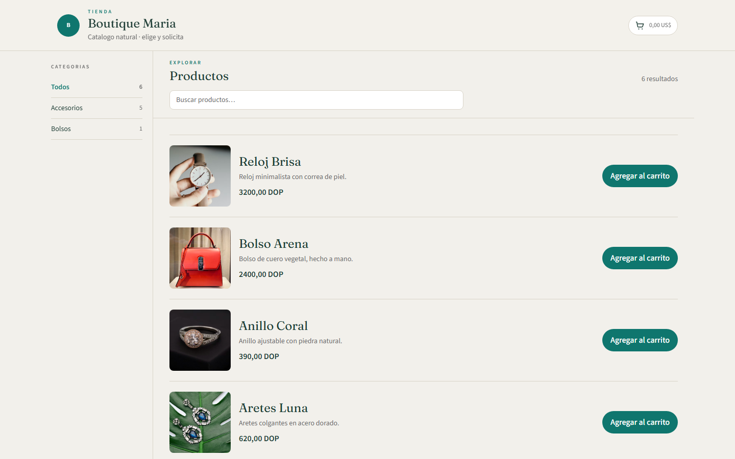 Tienda con la plantilla Classic: categorias a la izquierda y lista de productos